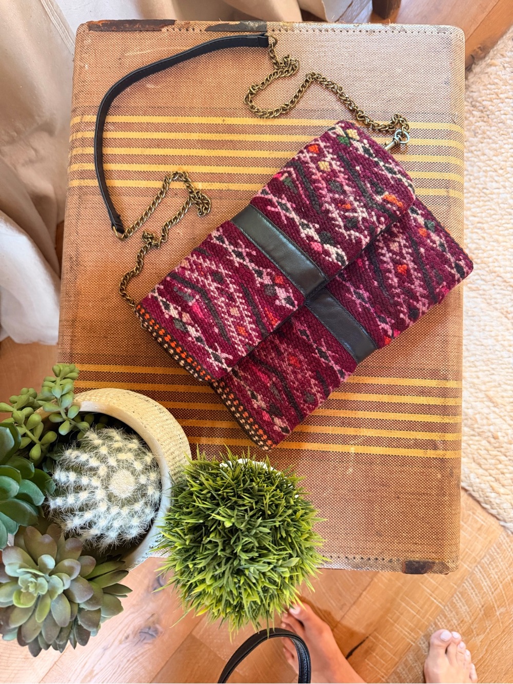 Handwoven Burgundy Crossbody Bag with Chain Strap imported from  Morocco